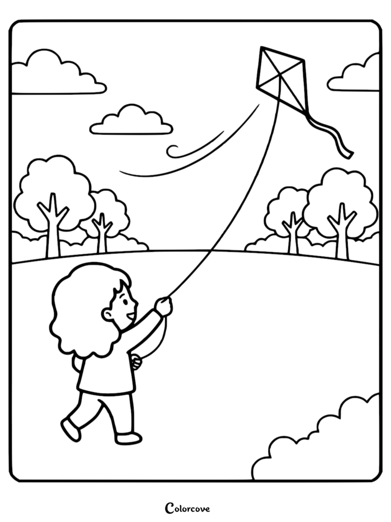 A young girl with curly hair flying a diamond-shaped kite in a park, featured in a simple line art coloring page.