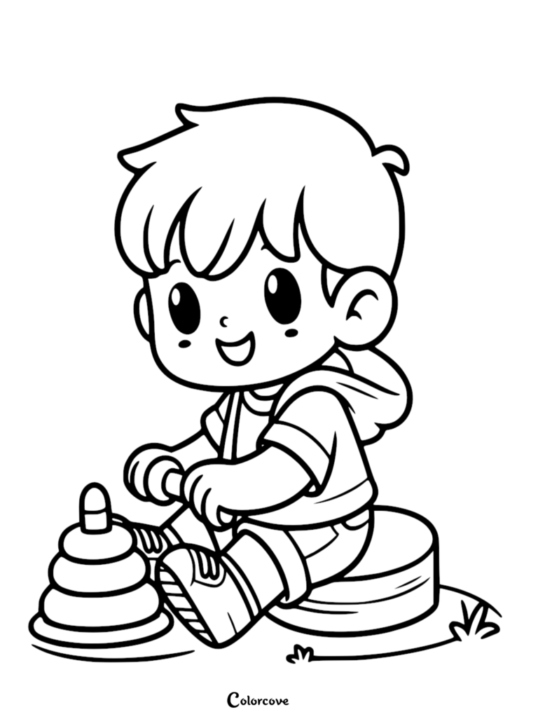 A cute cartoon boy in a hoodie sitting on a stool and playing with a colorful stacking ring toy, free simple kids coloring page.
