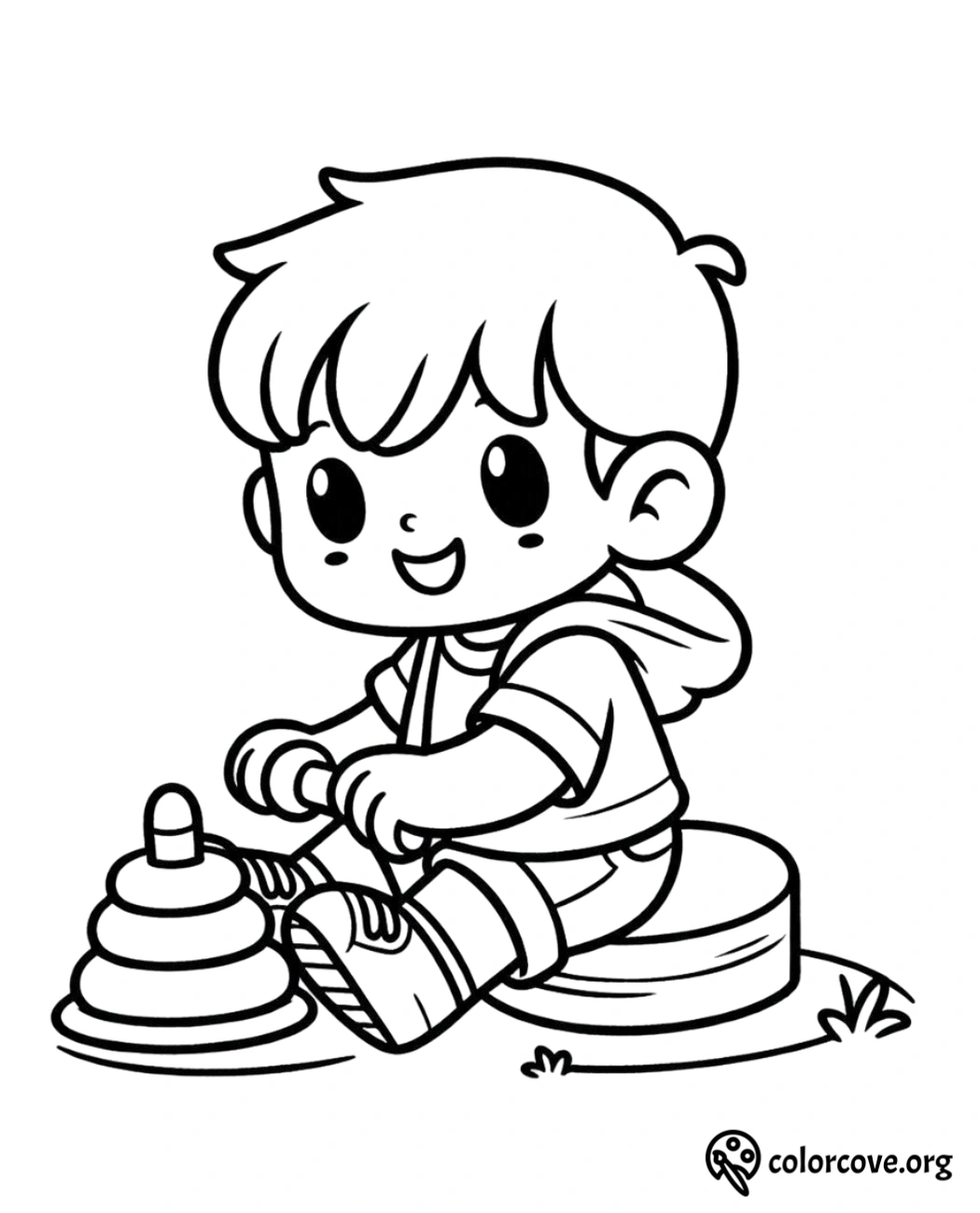 Smiling boy coloring page playing with stackable toy rings, ideal for children's activities | colorcove.org