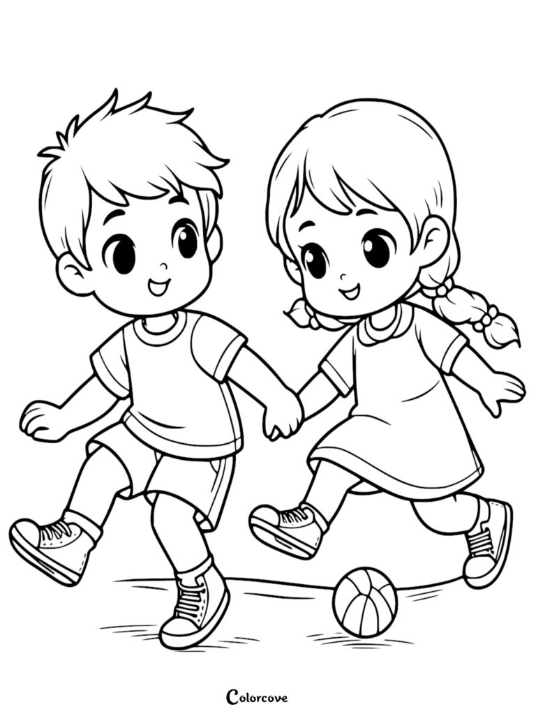 A simple coloring page featuring a young boy and girl holding hands while playing with a soccer ball.
