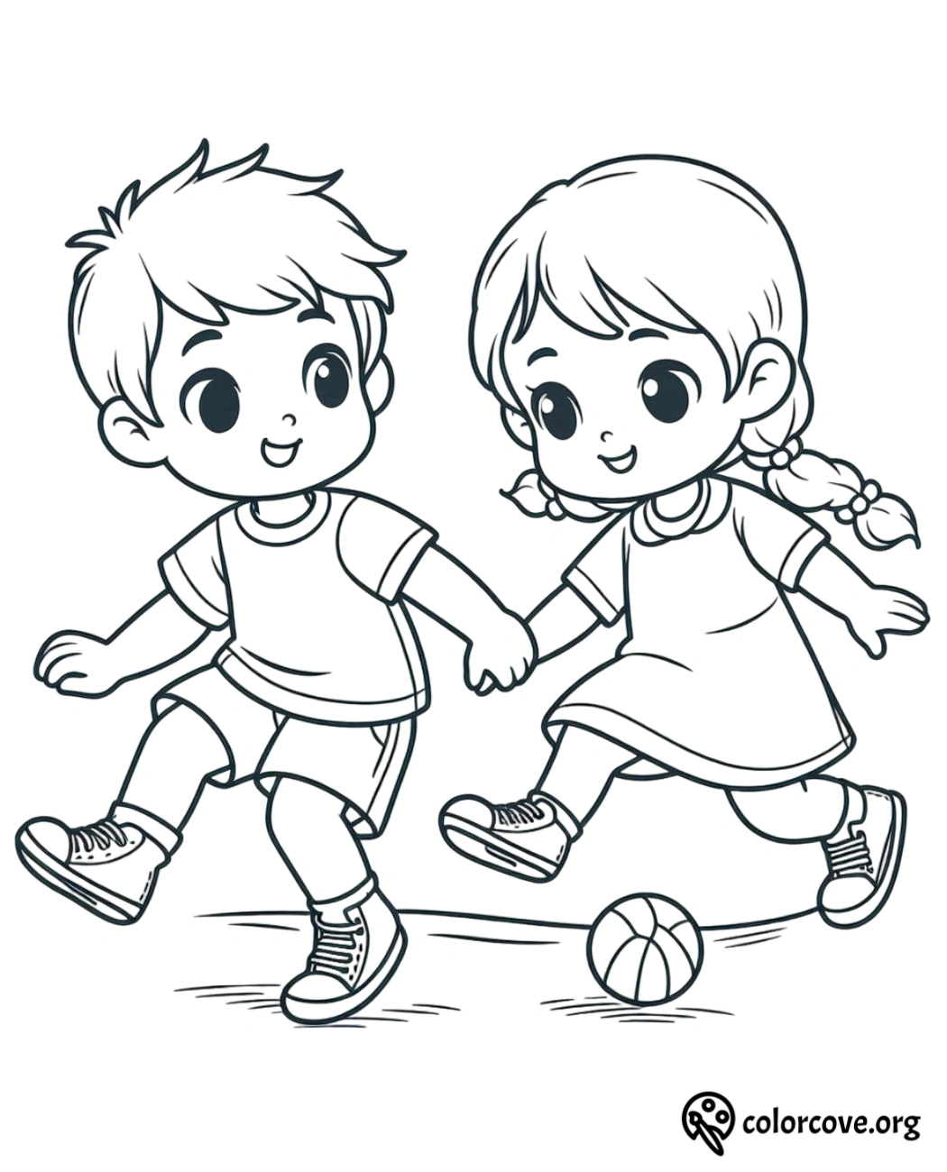 Two kids holding hands and playing with a ball, coloring page for children, printable activity from colorcove.org.