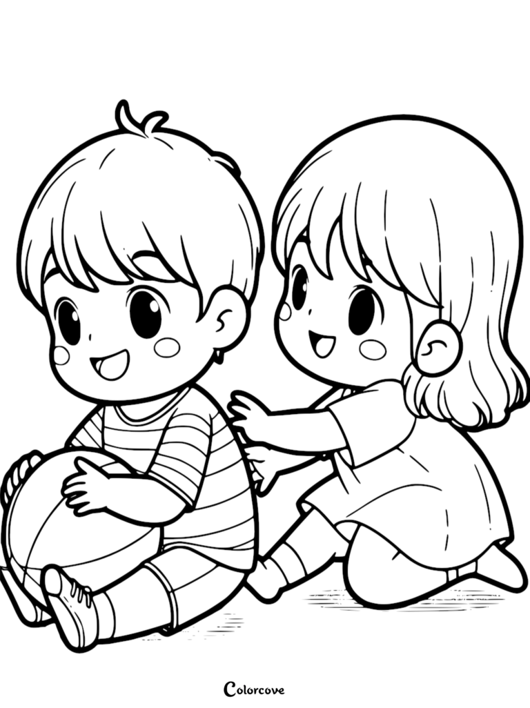 A simple coloring page featuring a young boy in a striped shirt holding a ball while a girl sits behind him reaching out to play.