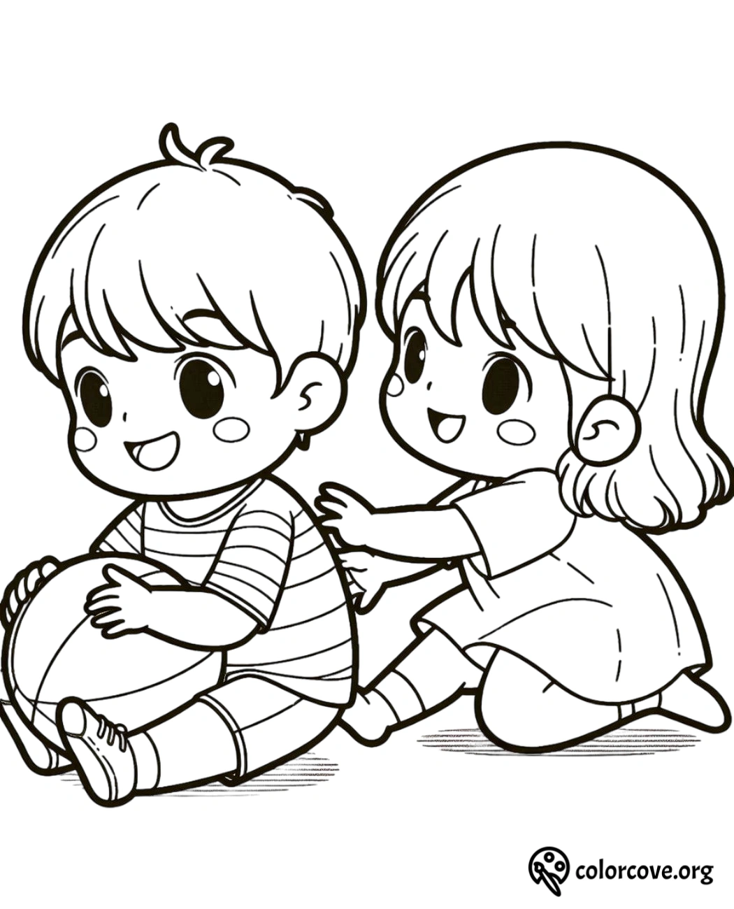 Kids coloring page: a boy holding a ball and a girl playing. Perfect for children's activities and printable coloring fun.