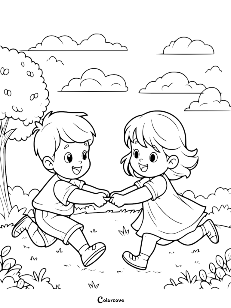 A simple coloring page featuring a young boy and girl holding hands and running together in a grassy park with a tree and clouds in the background.