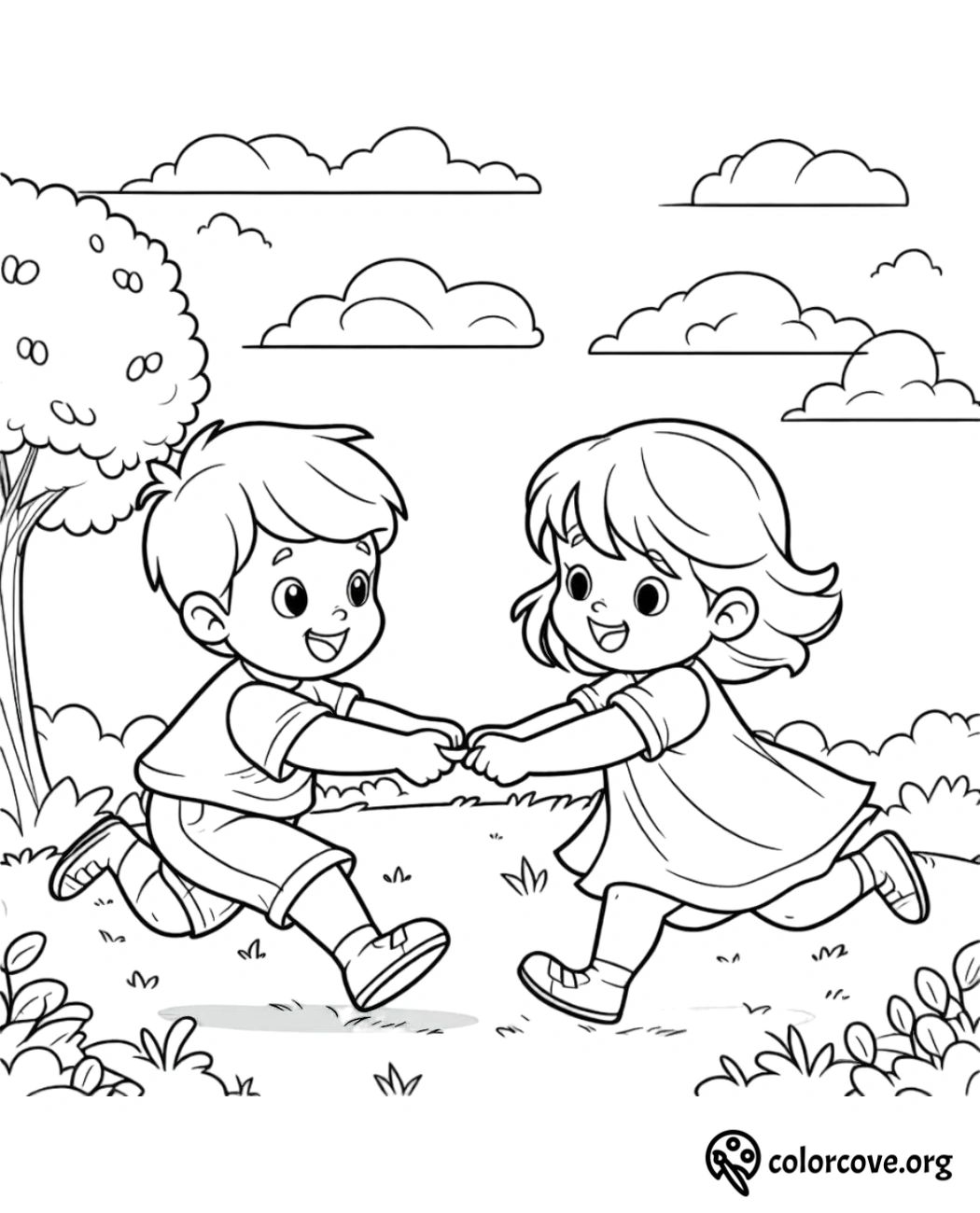 Two happy children holding hands and dancing in a scenic park with trees and clouds on a coloring page.