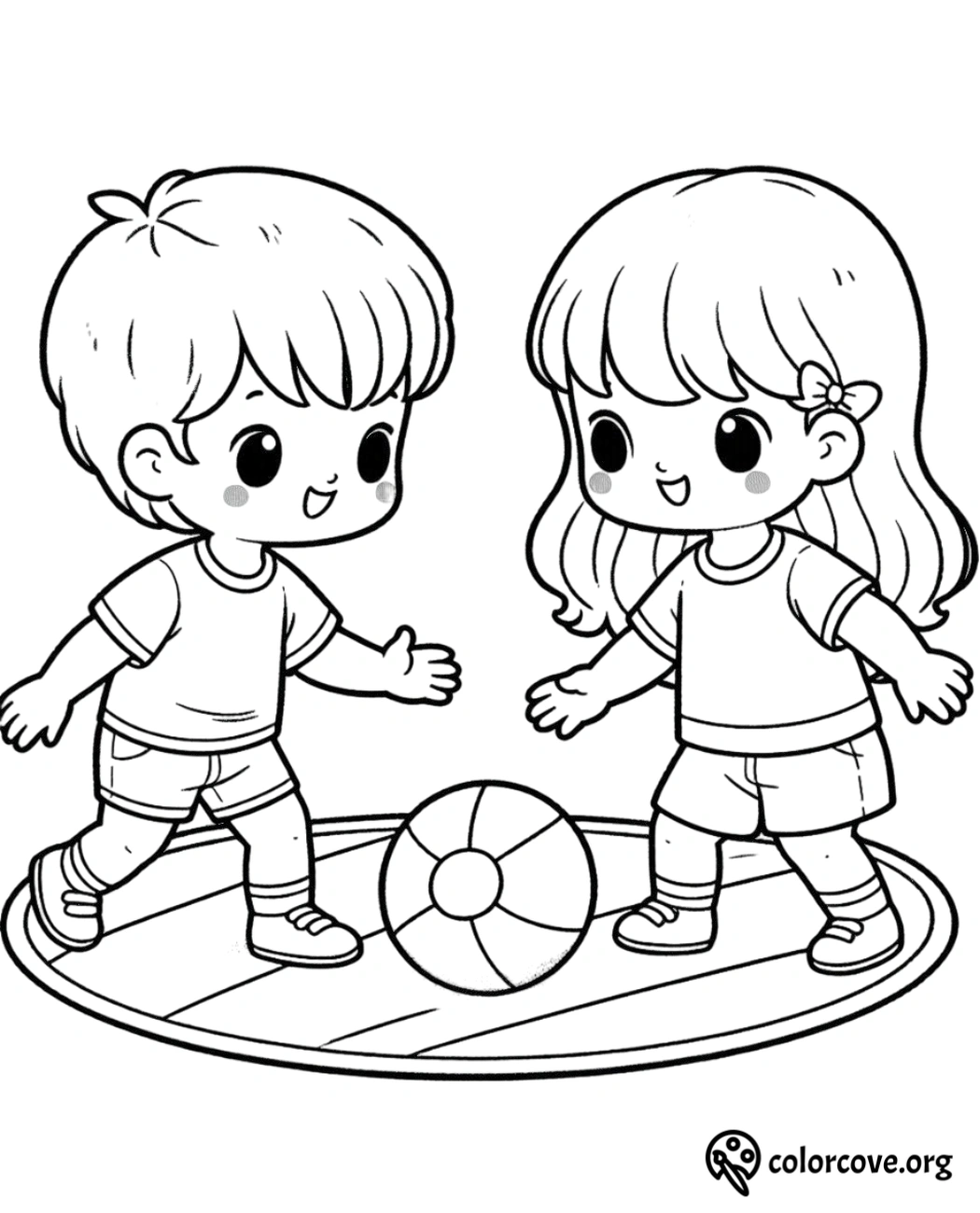 Coloring page of two happy children playing with a ball on a playground.