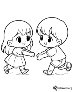 Cute kids coloring page featuring a boy and girl running towards each other with open arms. Ideal for children's activities.