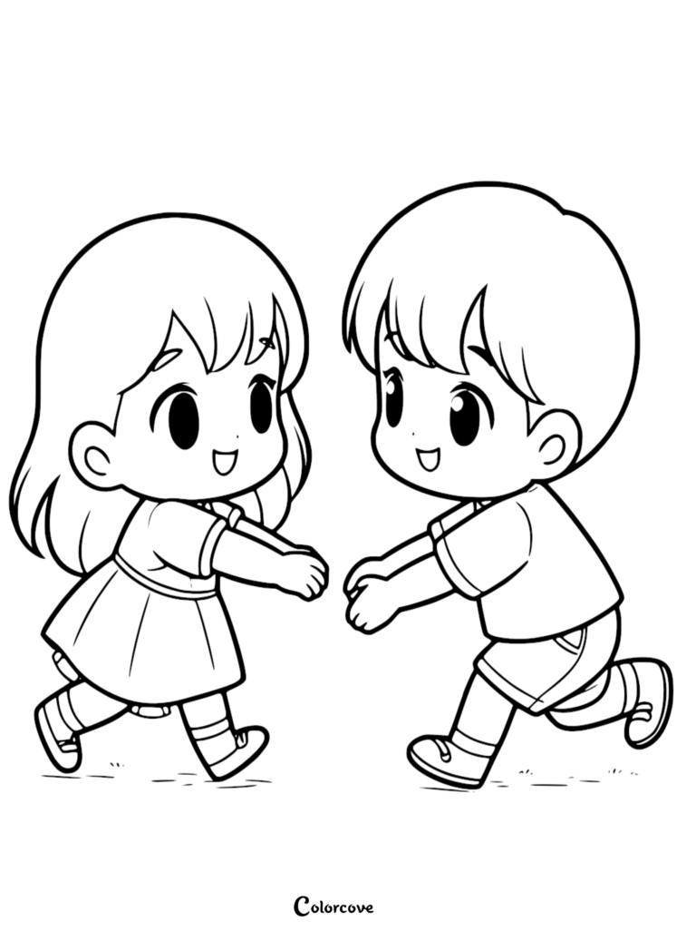 A simple coloring page featuring a young girl and boy reaching out to hold hands with joyful expressions.
