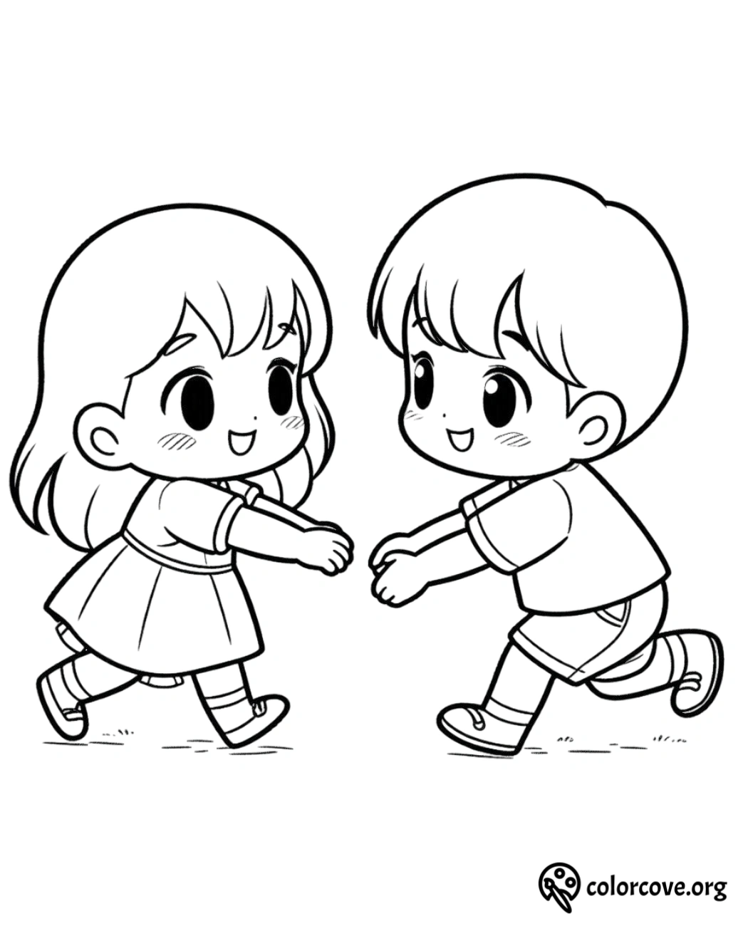 Cute kids coloring page featuring a boy and girl running towards each other with open arms. Ideal for children's activities.