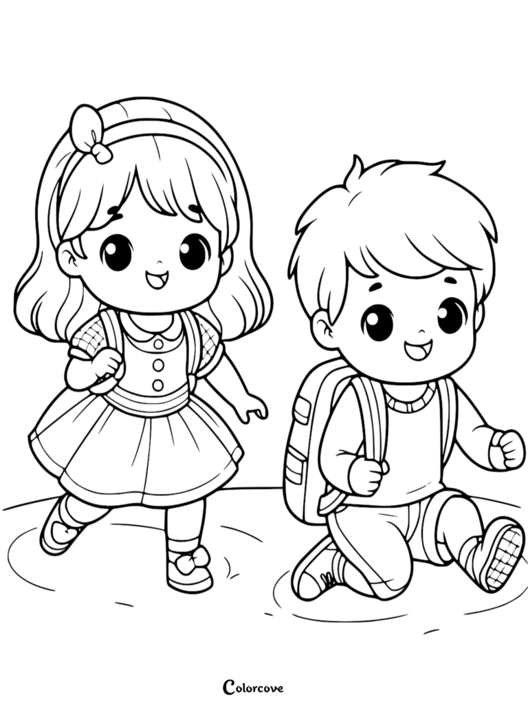A simple coloring page featuring a young girl with a bow and a boy with a backpack walking together to school.