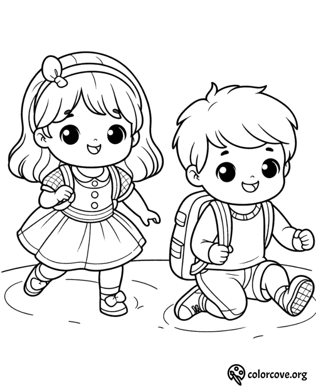 Coloring page of two happy children with backpacks, ready for school. Perfect for kids' educational activities.