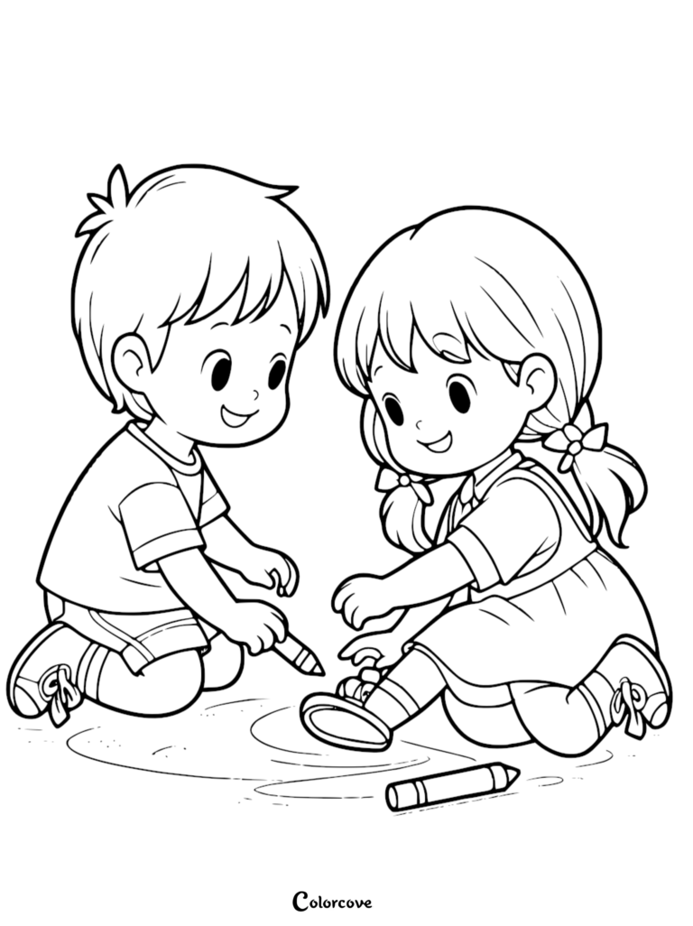 A boy and a girl with pigtails kneeling on the floor drawing with crayons in this simple kids coloring page.