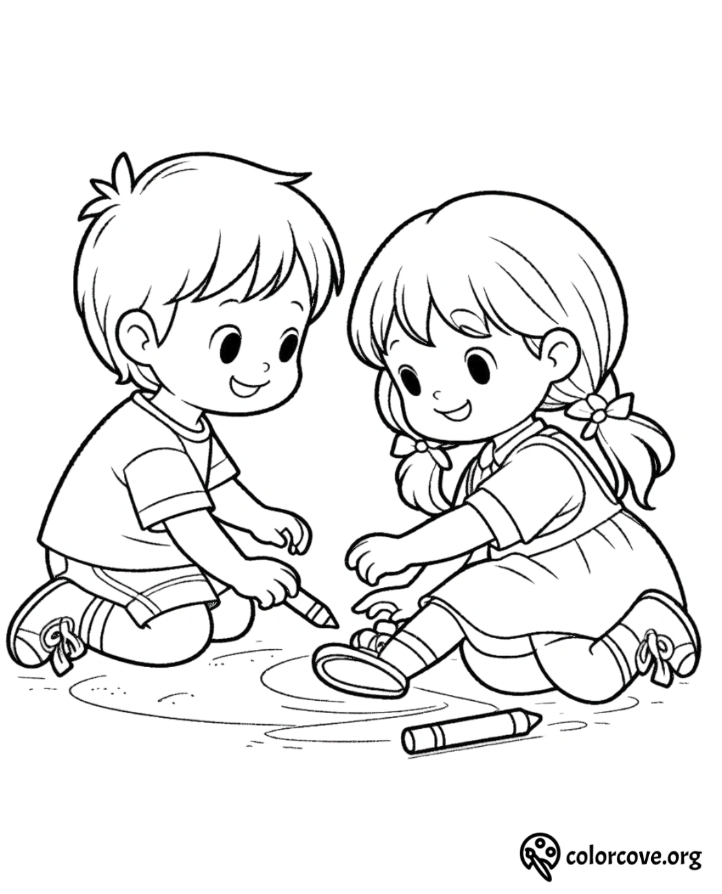 Coloring page of two happy children drawing on the ground with crayons. Fun activity for kids to color and enjoy.