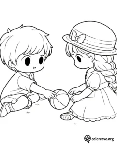 Two kids playing with a ball coloring page. Boy and girl on a cute, relaxing activity in the park. Fun for children.