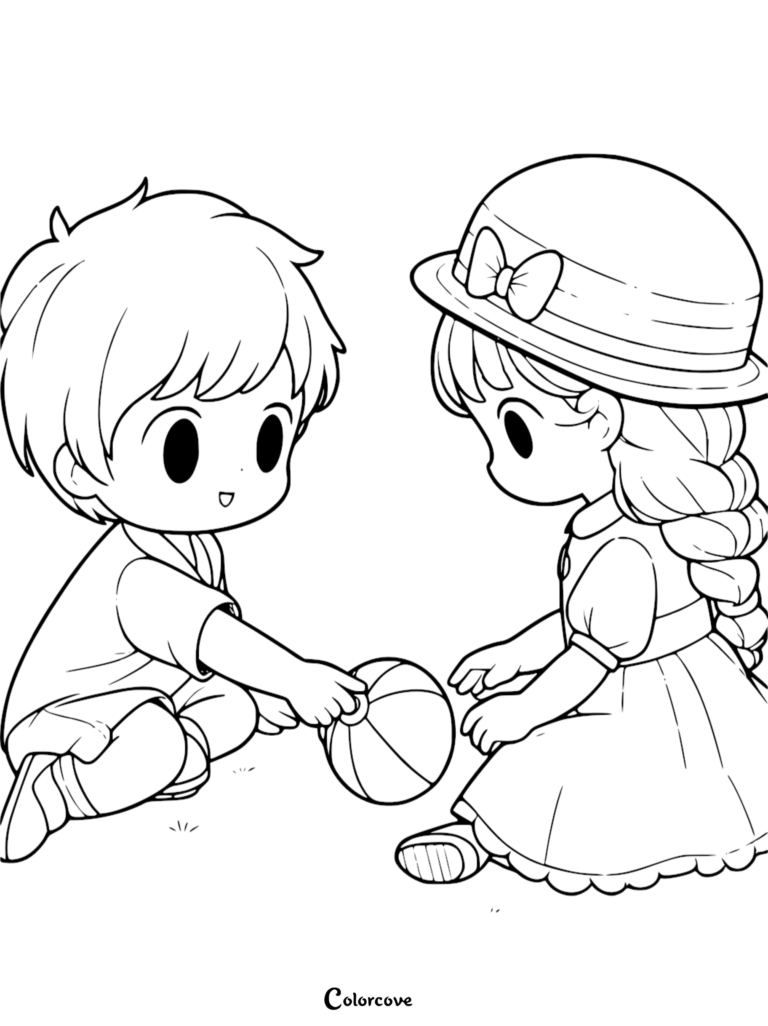 A simple coloring page featuring a young boy and a girl with a braided hairstyle and sun hat sitting on the grass playing with a small ball.