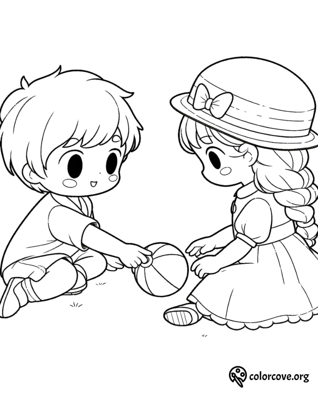 Two kids playing with a ball coloring page. Boy and girl on a cute, relaxing activity in the park. Fun for children.