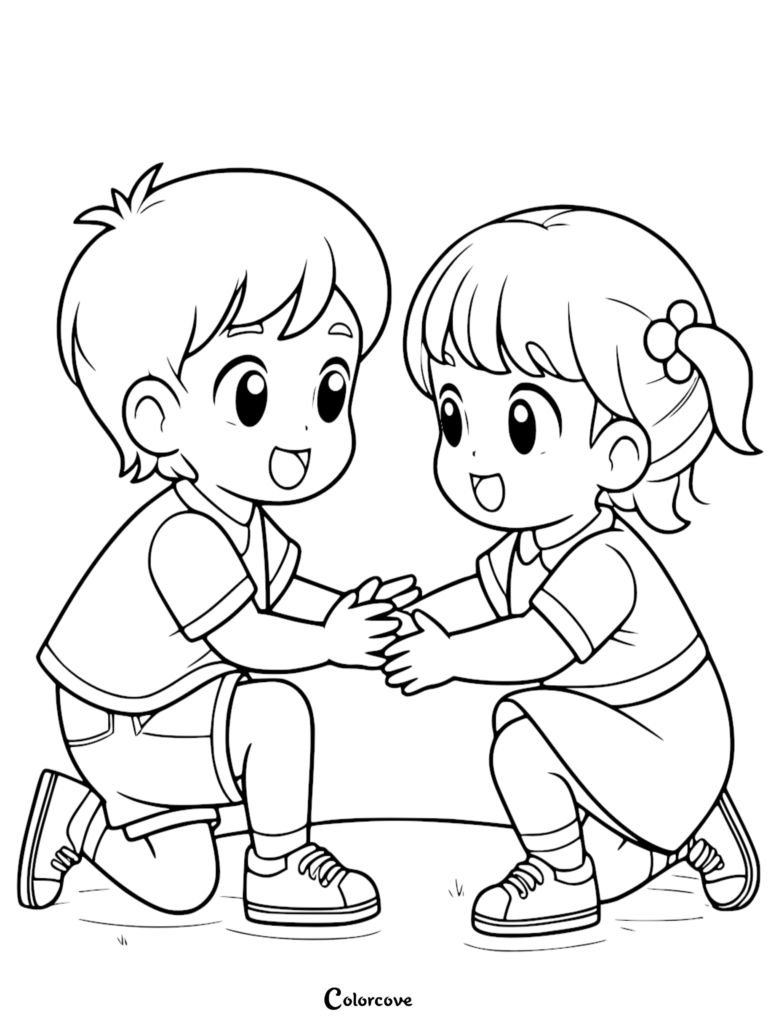 A simple coloring page featuring a young boy and girl kneeling and holding hands, both smiling with large eyes.