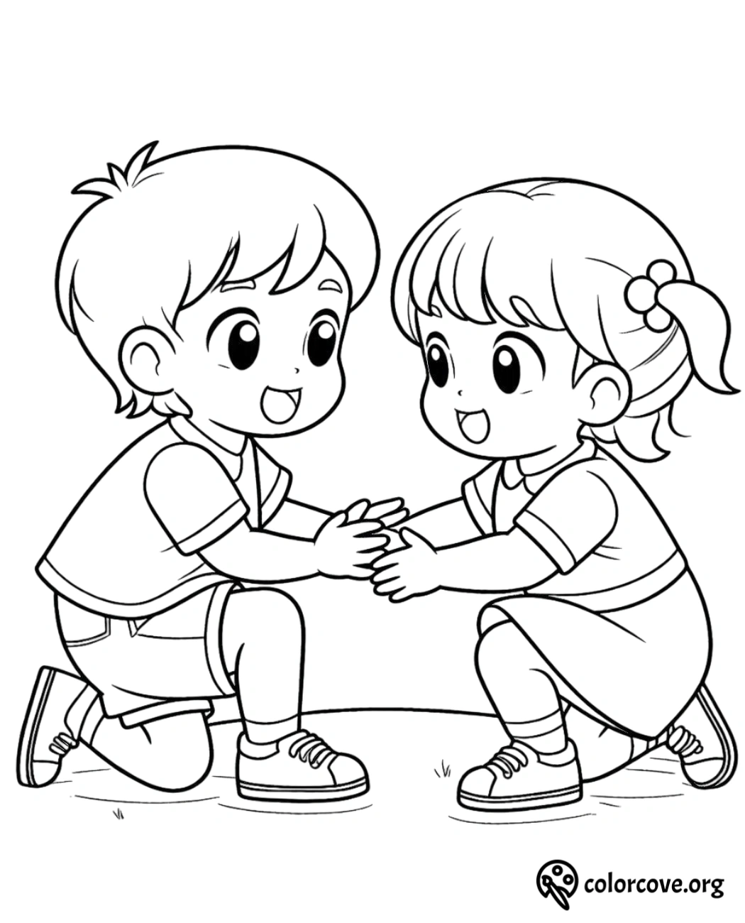 Coloring page for kids featuring two happy children playing together outdoors.