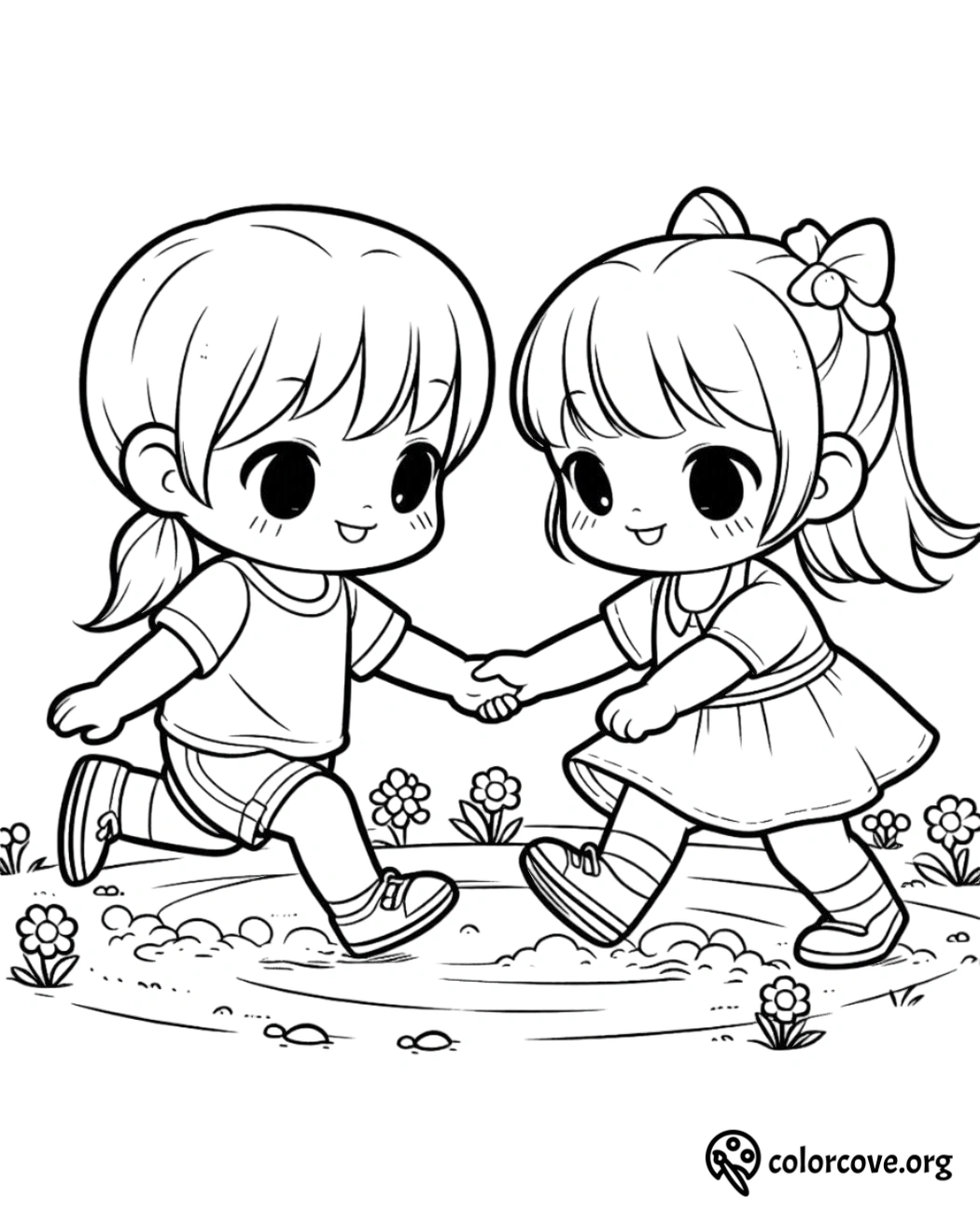 Coloring page of two happy children holding hands and running through a garden with flowers, by colorcove.org.