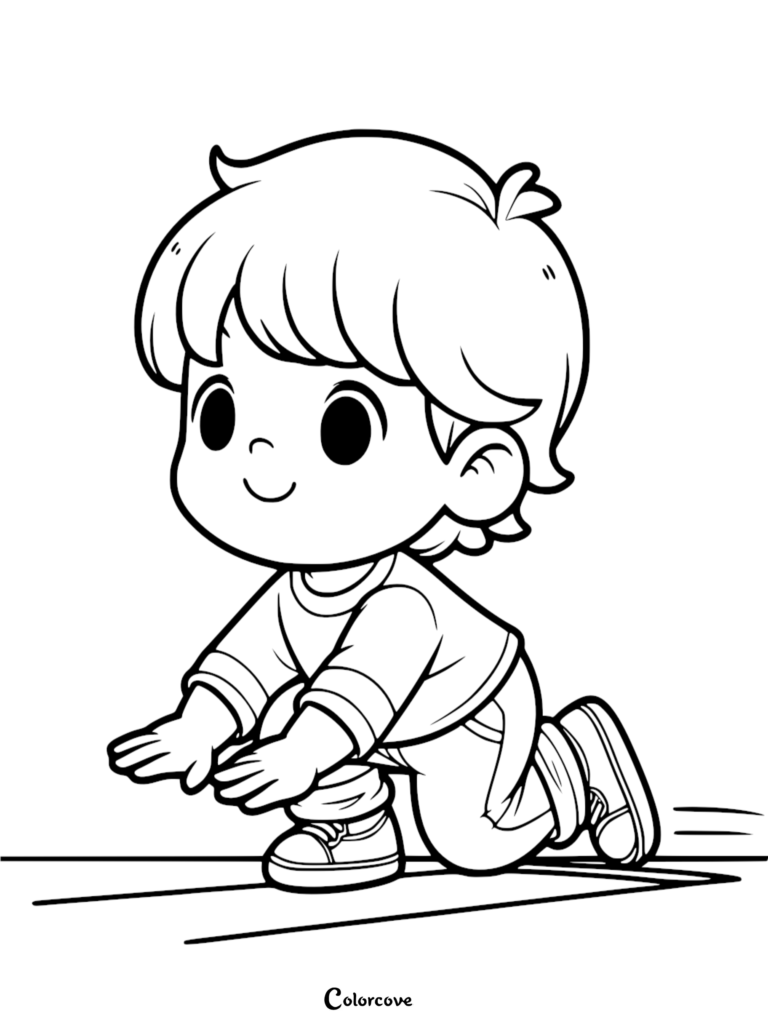 A simple line art coloring page of a young boy with short hair in a starting block position, wearing a long-sleeved shirt and sneakers, ready to sprint.