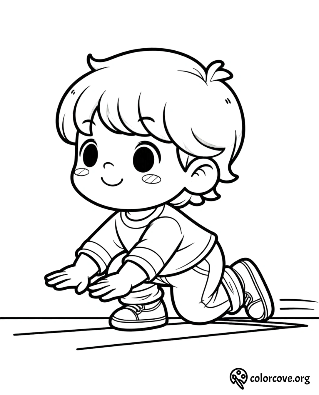 Cute child coloring page for kids, featuring a smiling boy crawling, ideal for creative and educational activities.