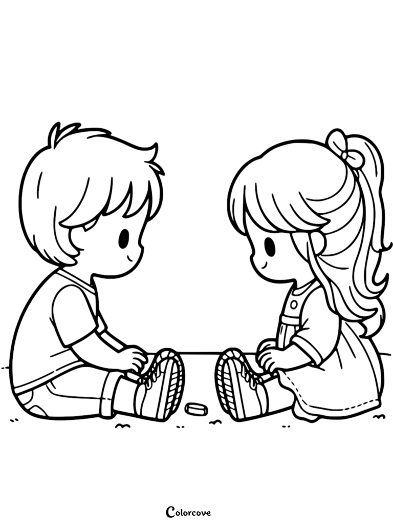 A simple coloring page featuring a young boy and girl sitting on the ground facing each other with a small object between them.