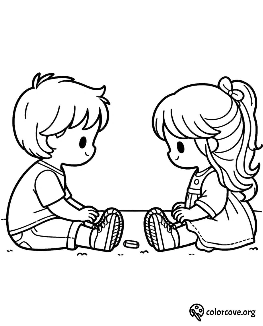 Coloring page of two kids sitting on the ground facing each other, ready to color. Perfect printable for children.