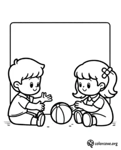 Children playing with a ball - Coloring Page. Two kids sitting on the ground sharing a ball in front of a blank background.