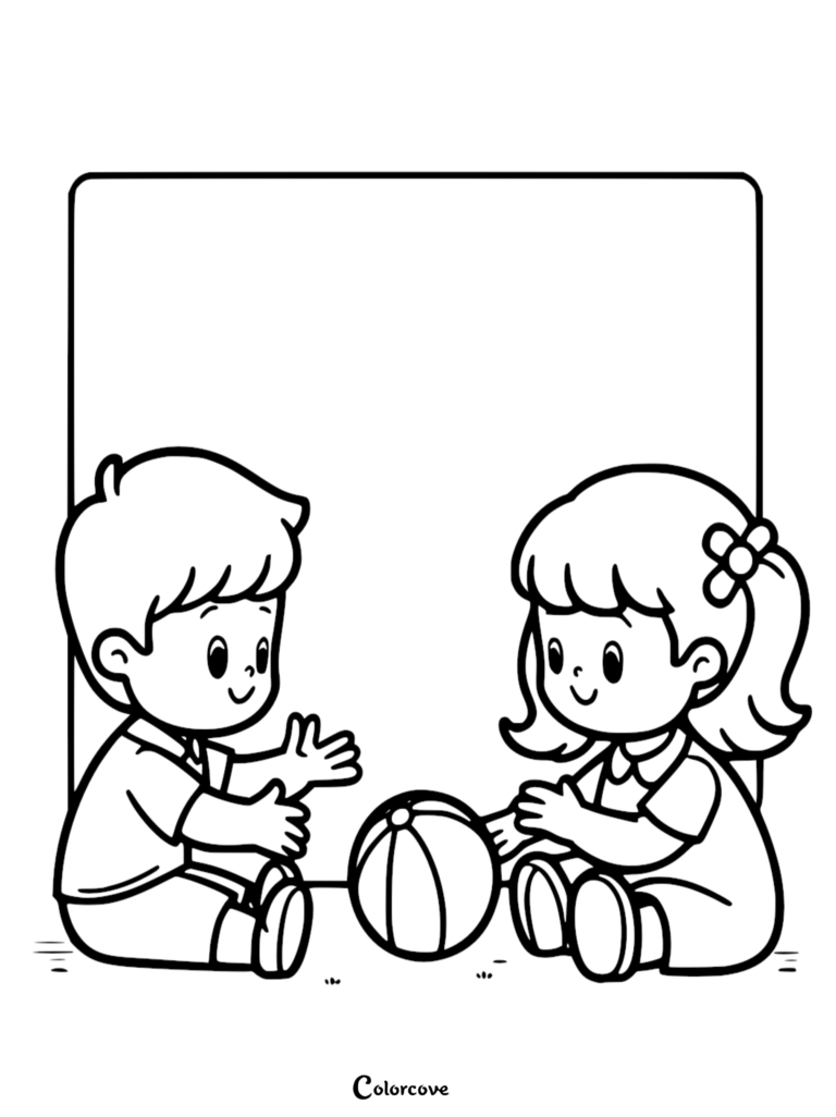 A simple coloring page featuring a young boy and girl sitting on the floor playing with a beach ball in front of a large blank frame.