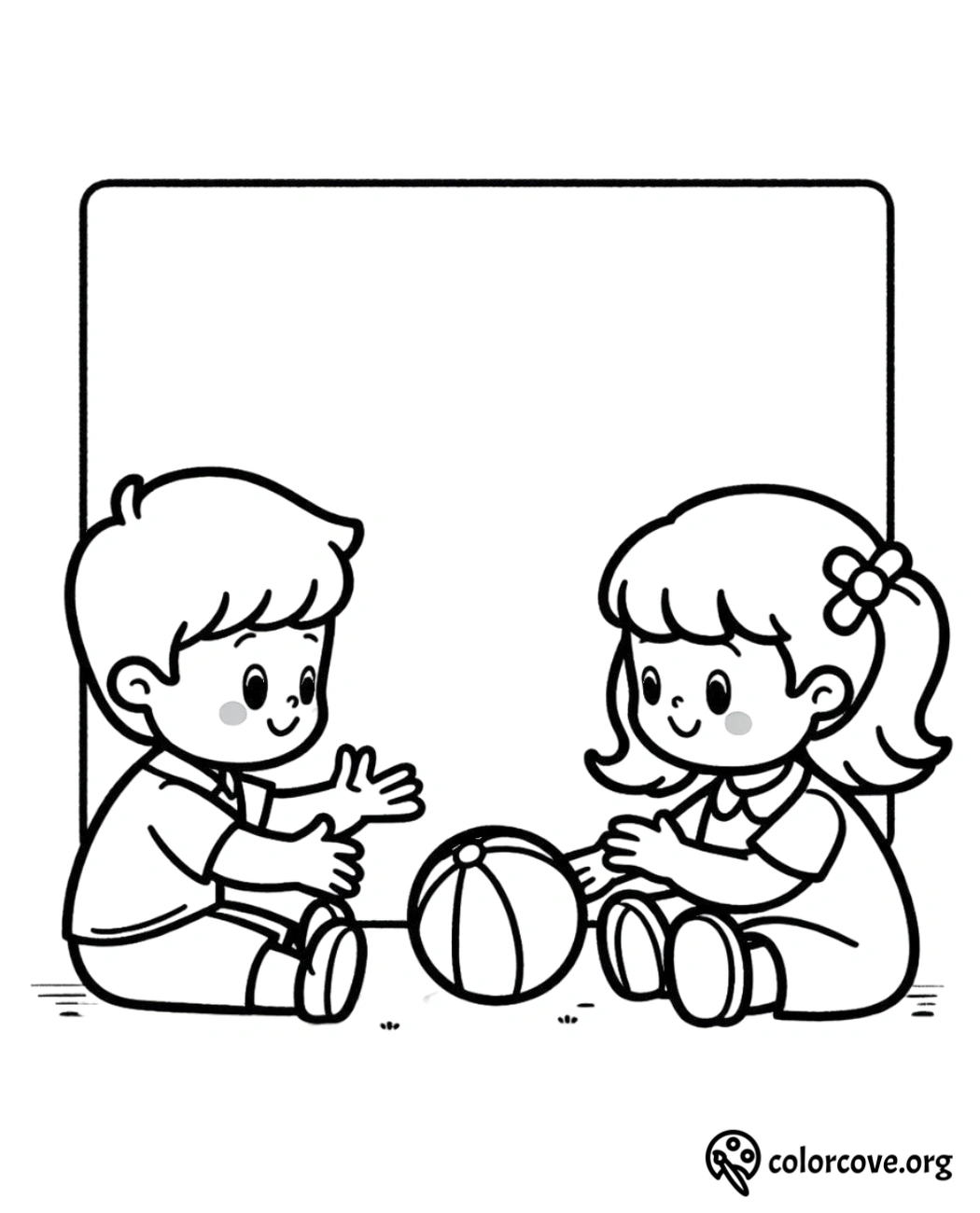 Children playing with a ball - Coloring Page. Two kids sitting on the ground sharing a ball in front of a blank background.