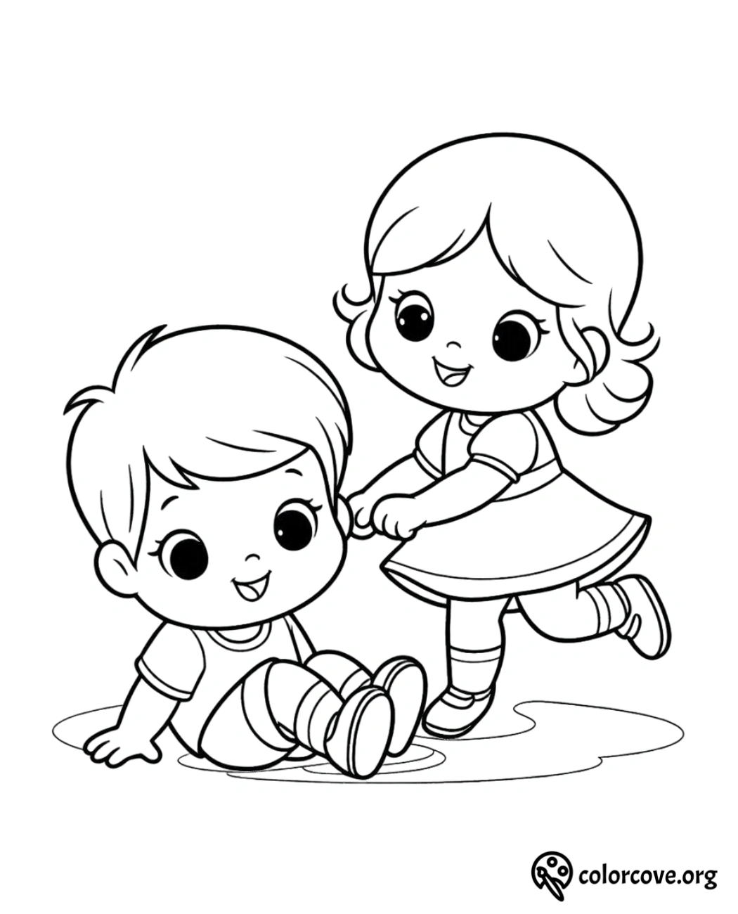 Coloring page with two cute children playing happily together, perfect for kids' activities and creative coloring fun.