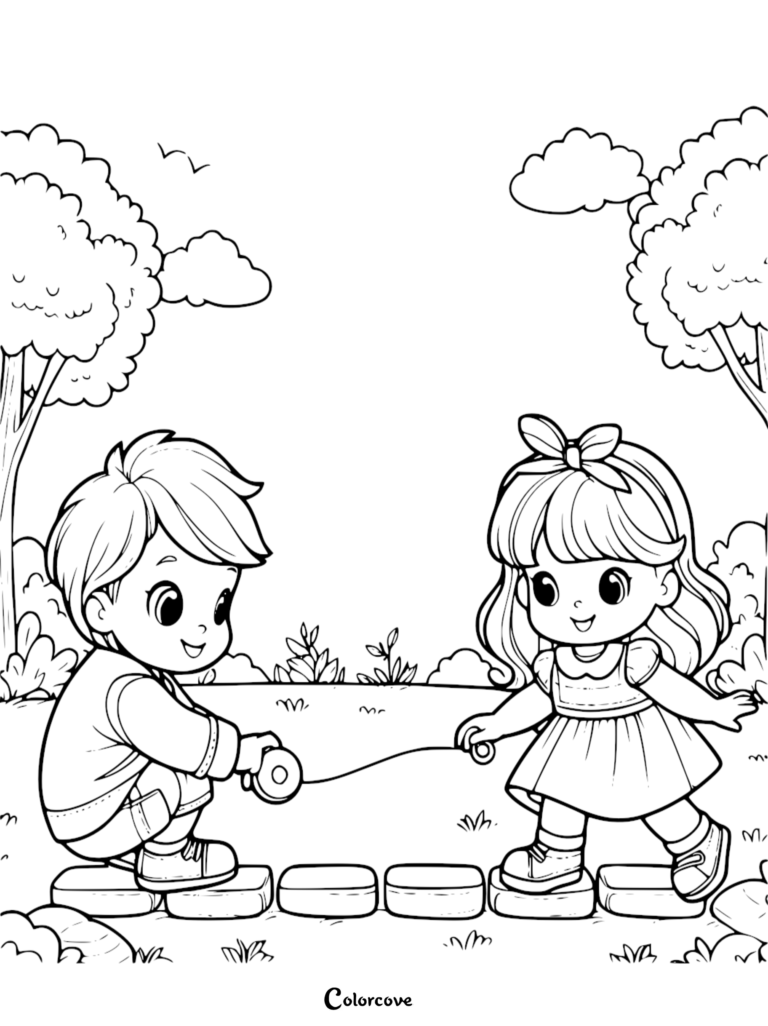 A simple coloring page featuring a young boy and girl playing with a jump rope on stone garden path.