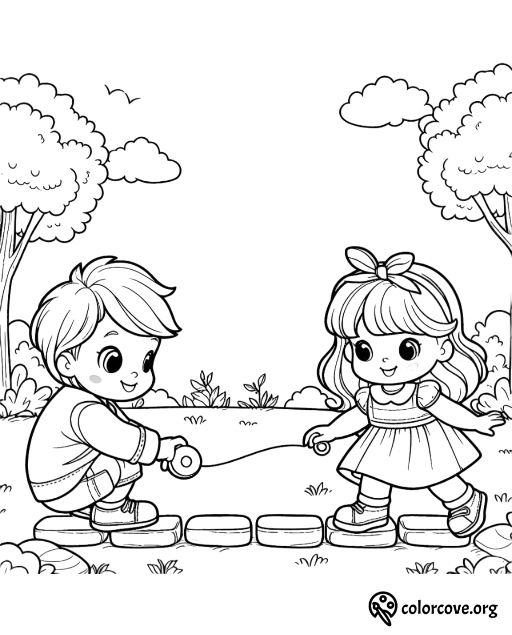 Kids playing hopscotch in park coloring page - boy and girl with jump rope under trees and clouds, fun activity for children.