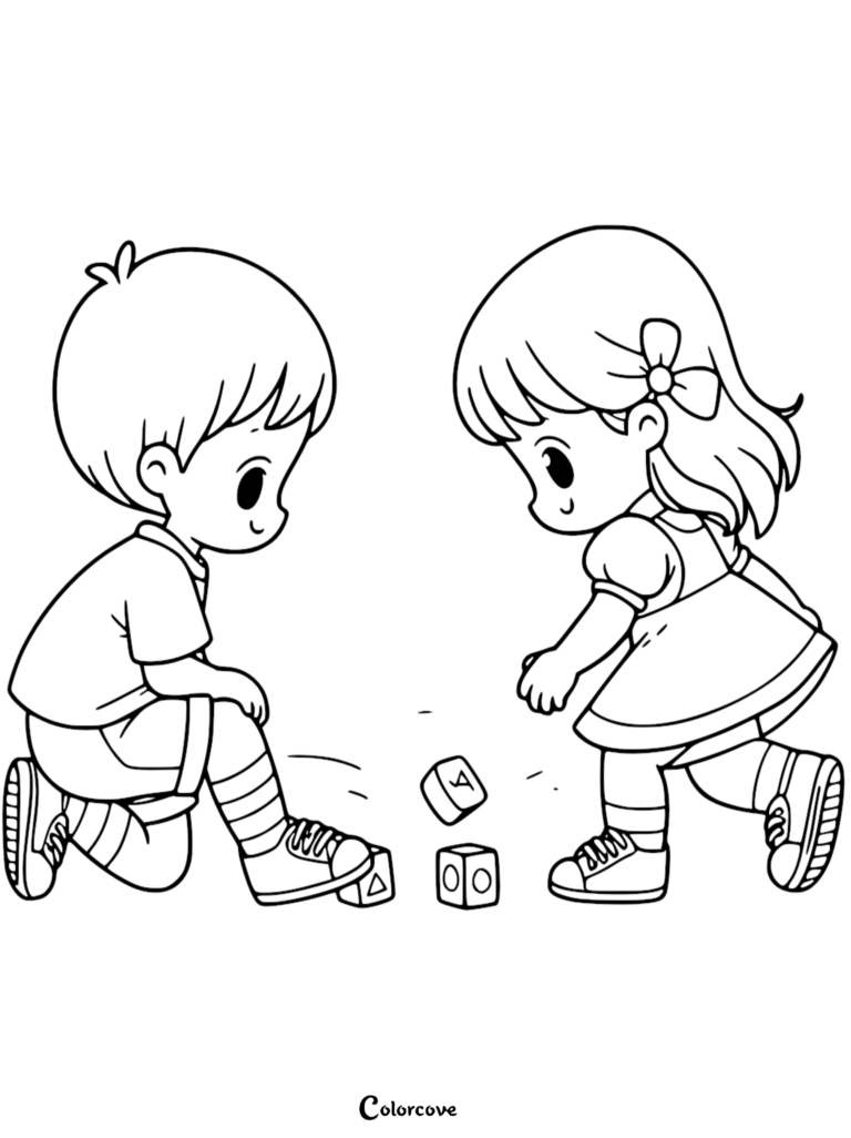 A simple coloring page featuring a young boy and girl kneeling on the floor playing with small square blocks with geometric shapes.