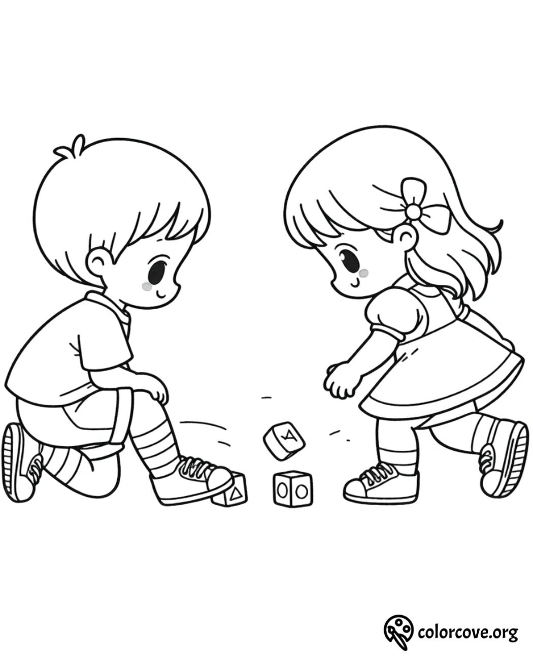 Coloring page of two children playing with blocks, perfect for kids' activities and educational fun.