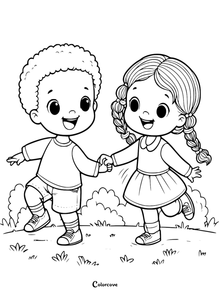 A simple coloring page featuring a young boy with curly hair and a girl with braided pigtails happily holding hands while walking through a grassy park.