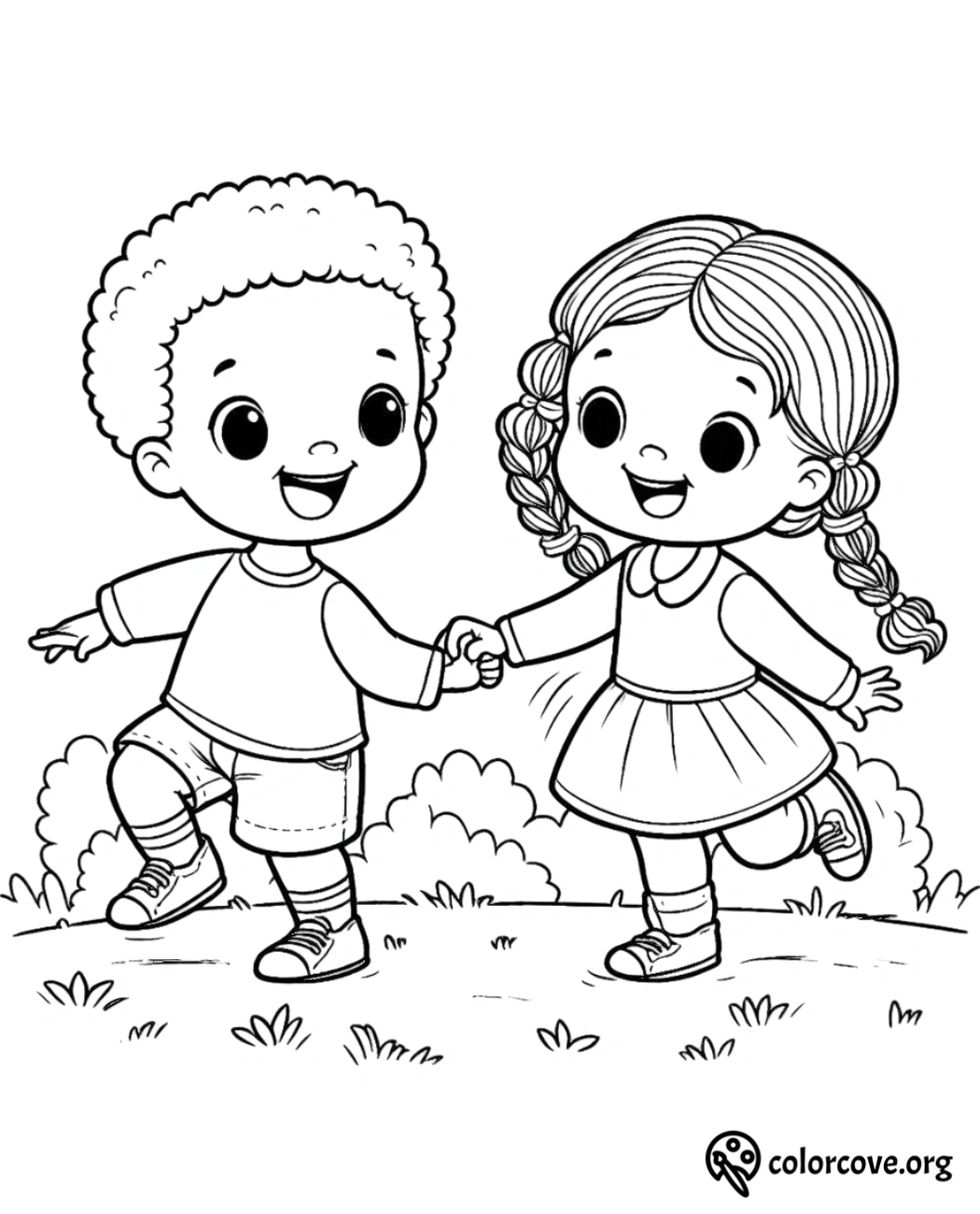 Coloring page of two happy children, a boy and a girl, holding hands and playing outside by ColorCove.org.