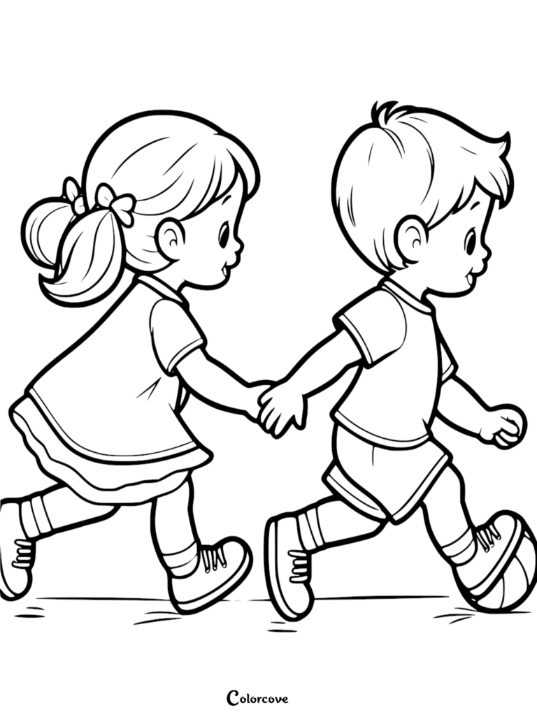 A simple coloring page featuring a young girl with a ponytail and a boy in a t-shirt holding hands while walking together.
