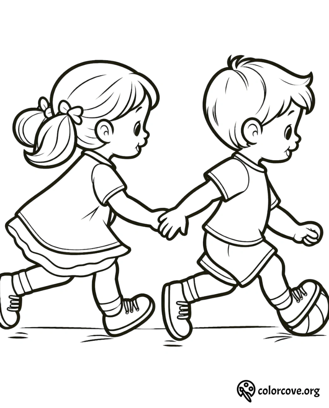 Coloring page of a boy and a girl holding hands and running, designed for children to color in.