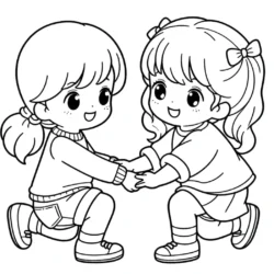 Children holding hands coloring page, two kids playing together, printable activity for kids from Colorcove.org.