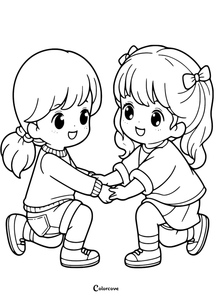 Two young girls with ponytails and bows holding hands in a simple line art coloring page style.