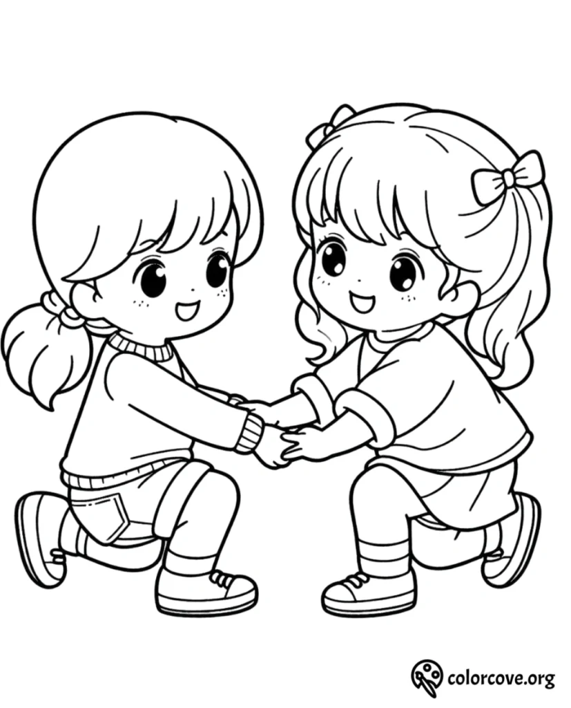 Children holding hands coloring page, two kids playing together, printable activity for kids from Colorcove.org.