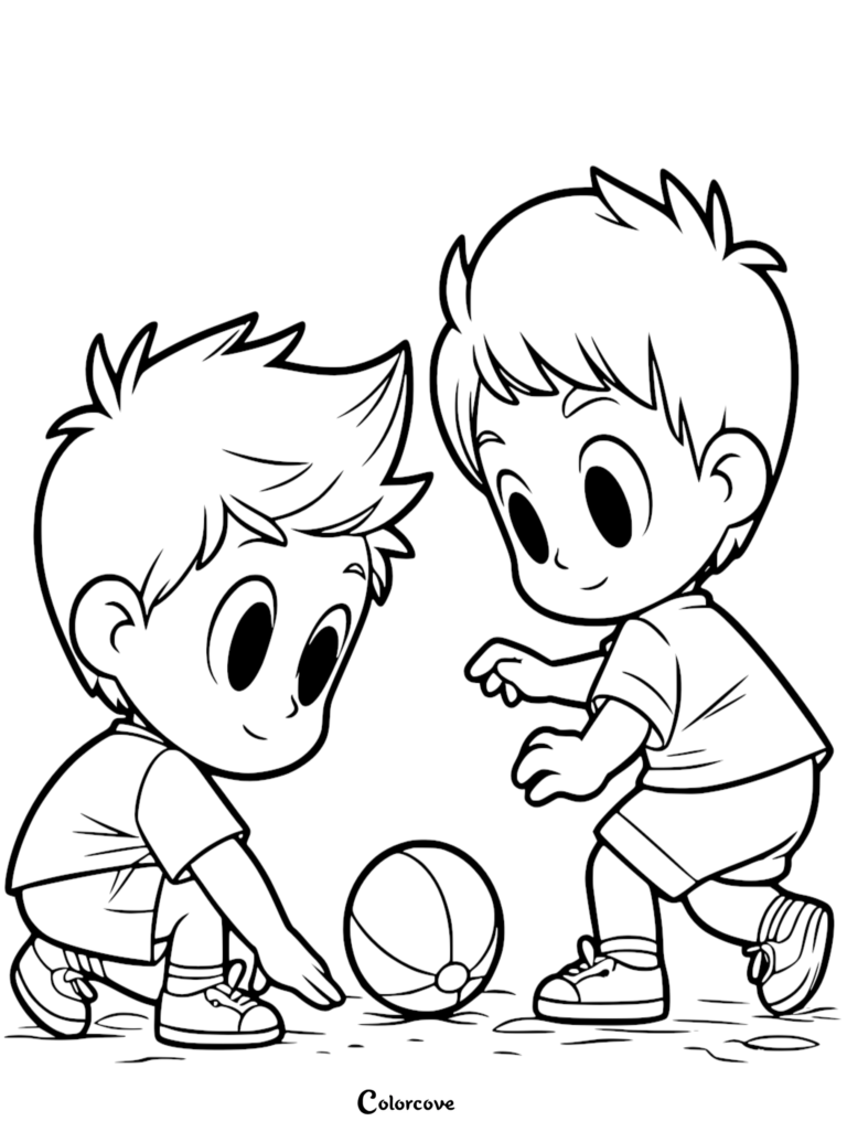 Two young boys with spiky hair playing with a beach ball, simple line art coloring page for kids.