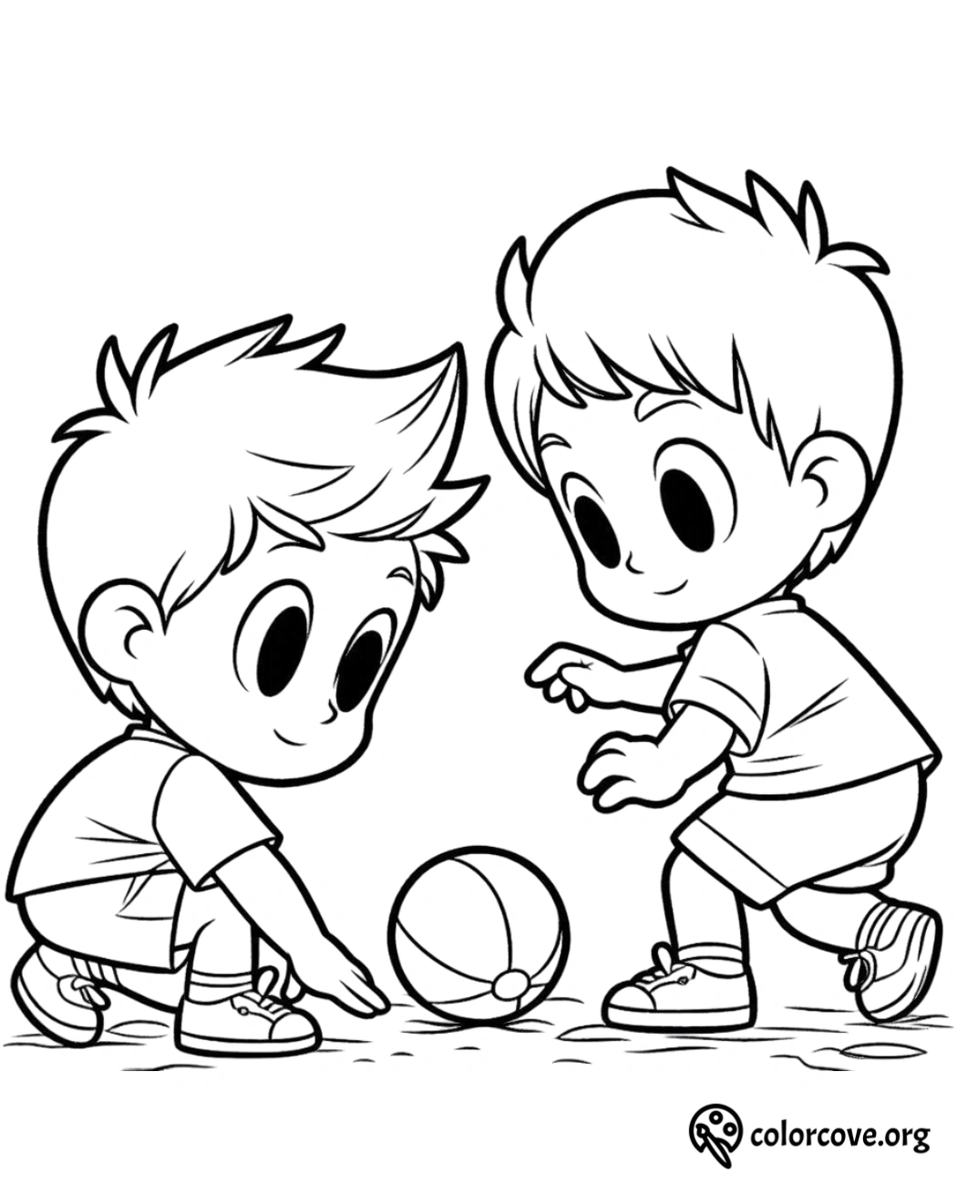 Two kids playing with a ball coloring page for children. Perfect for enhancing creativity and fun activities.