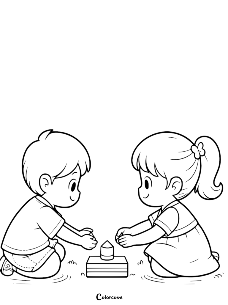 A simple coloring page featuring a young boy and girl kneeling on the grass, building a small tower with wooden blocks.