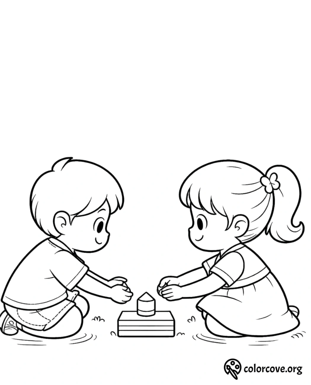 Kids Coloring Page: Boy and girl playing with blocks, sitting on grass. Perfect for children’s activity and coloring fun.