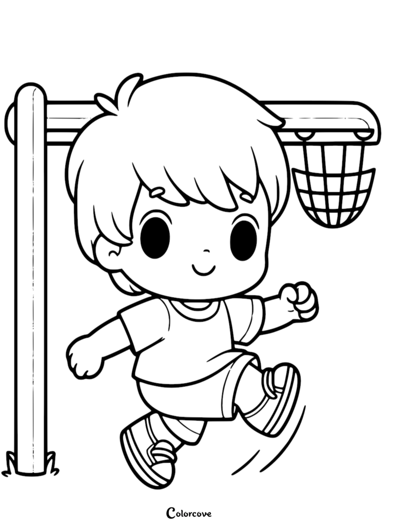 A cute cartoon boy running towards a basketball hoop in this simple line art coloring page.