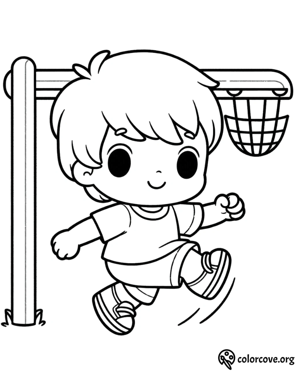 Coloring page of a cheerful child playing basketball, jumping to score. Fun activity for kids. Download from colorcove.org.