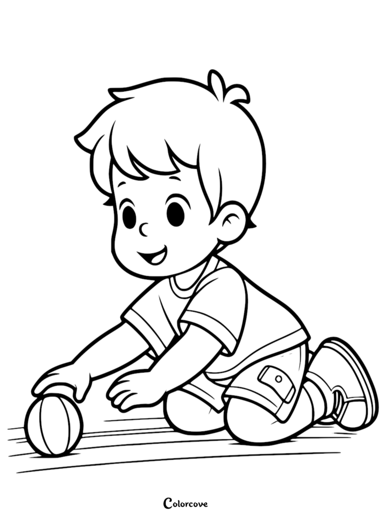 A simple coloring page featuring a young boy with short hair kneeling on the floor and reaching out to touch a small ball.