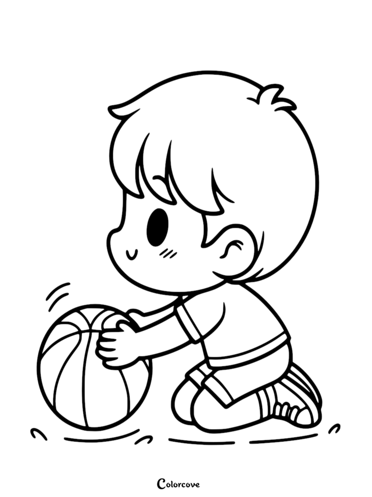 A simple coloring page of a cute young boy kneeling on the floor and holding a basketball with both hands.